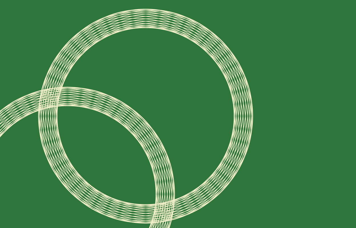 Beige circular graphic on a dark green background